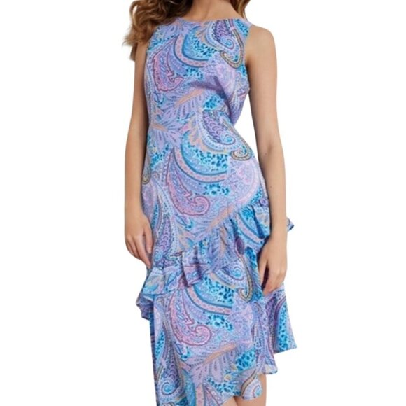 NWT Sam Edelman Summer Paisley Ruffled Midi | Blue Multi Asymmetrical Hem | Sz 4 - Picture 10 of 15